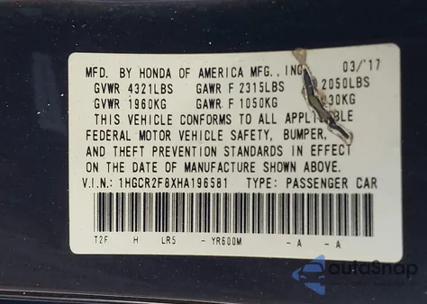 2017 Honda Accord Ex-L z USA, uszkodzony, nr VIN 1HGCR2F8XHA196581